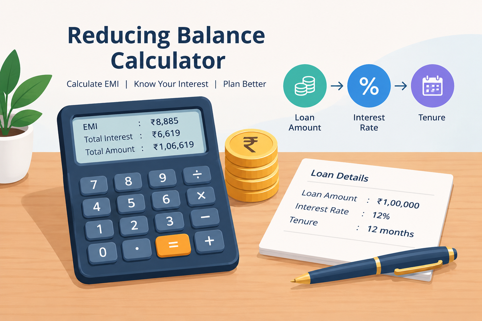 Reducing balance calculator showing estimated EMI, total interest, loan amount, and repayment tenure to help borrowers understand loan costs and calculate monthly repayments.